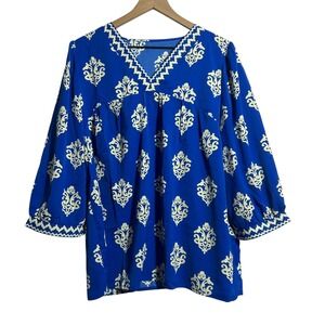 Boho Tunic Top Womens Large Blue Geometric Print 3/4 Balloon Sleeve V Neck